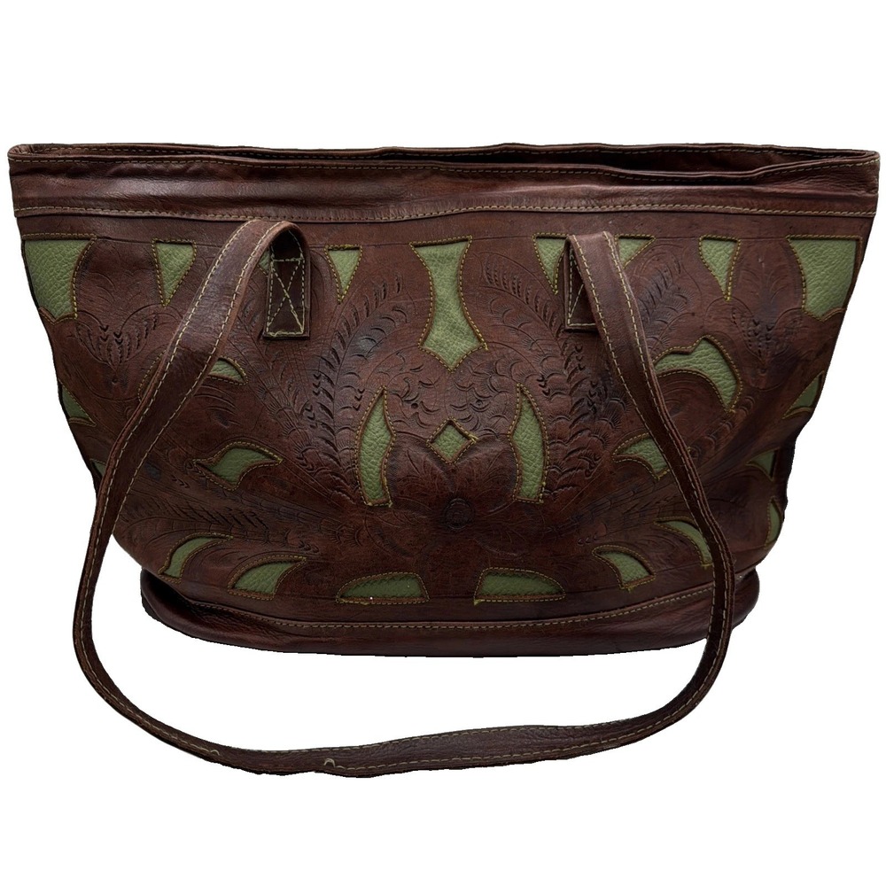 Vintage Western Tooled Leather Tote Bag Brown Green Inlay Floral Cowgirl